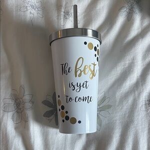 Stainless Steel Tumbler with Straw - White and Gold